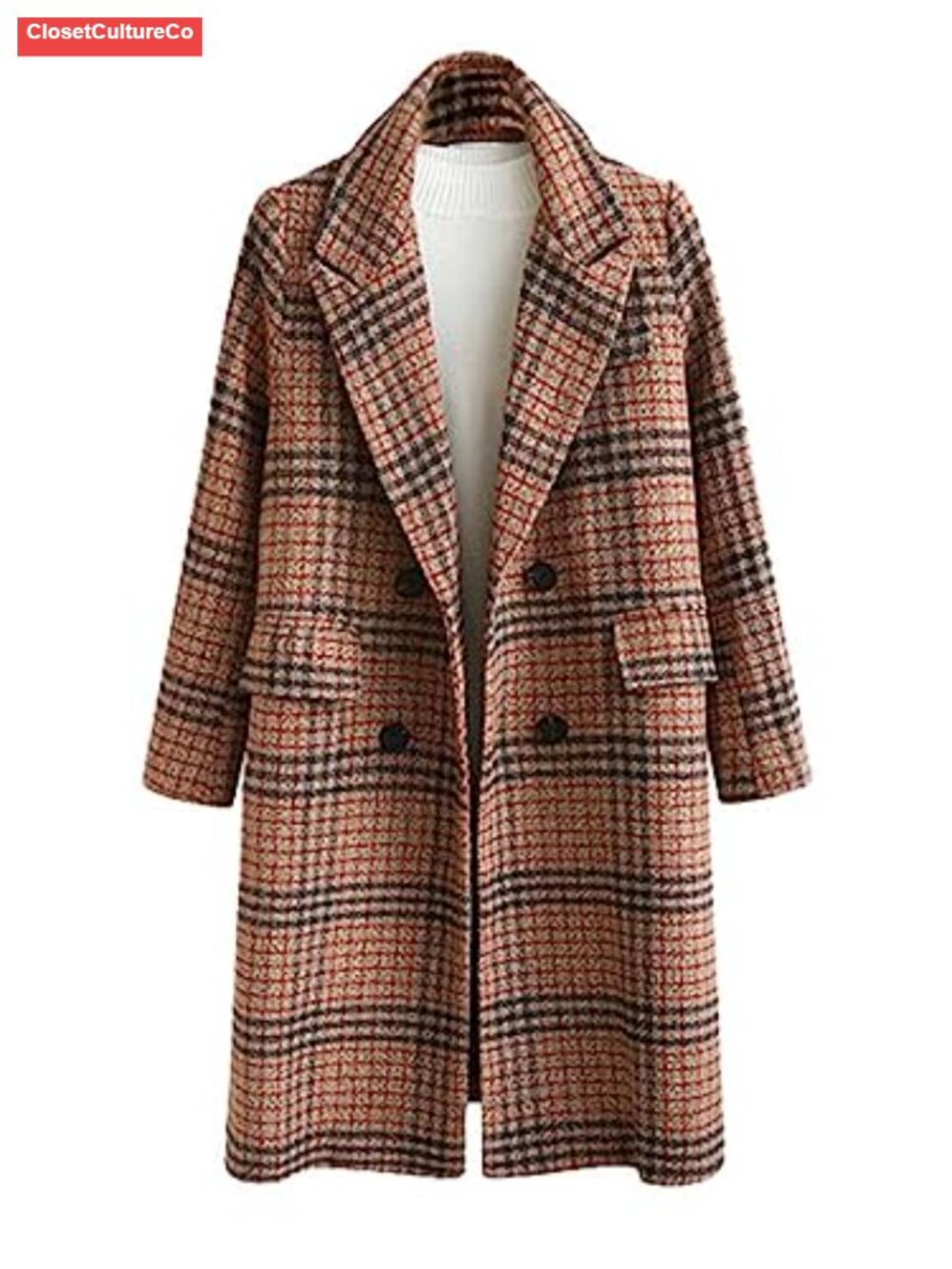 Woolen Plaid Double Breasted Long Peacoat Jacket Knee Length Oversize Winter